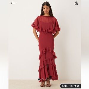 ASOS Design Burgundy Cape Overlay Maxi Dress with Ruffles